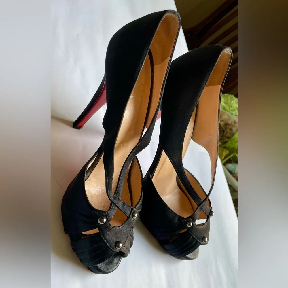 Christian Louboutin Satin Studded Accents T-strap Pumps - Picture 4 of 16